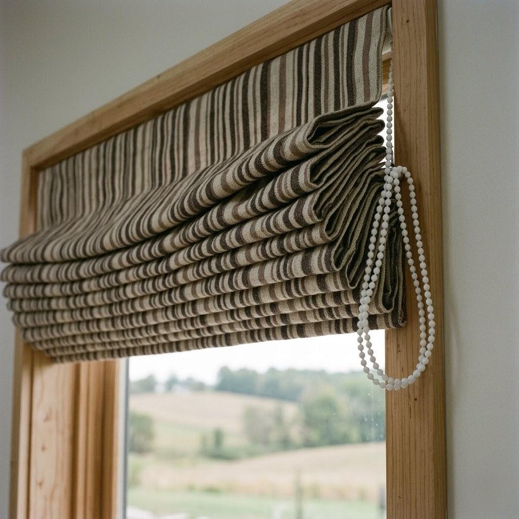 Custom Striped Linen Roman Shades, Espresso Brown Tan Farmhouse Window Treatments (Blackout/Light Filtering) — image 10