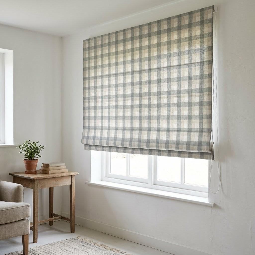 Custom Plaid Linen Roman Shades, Farmhouse Window Treatments (Blackout/Light Filtering) — image 4