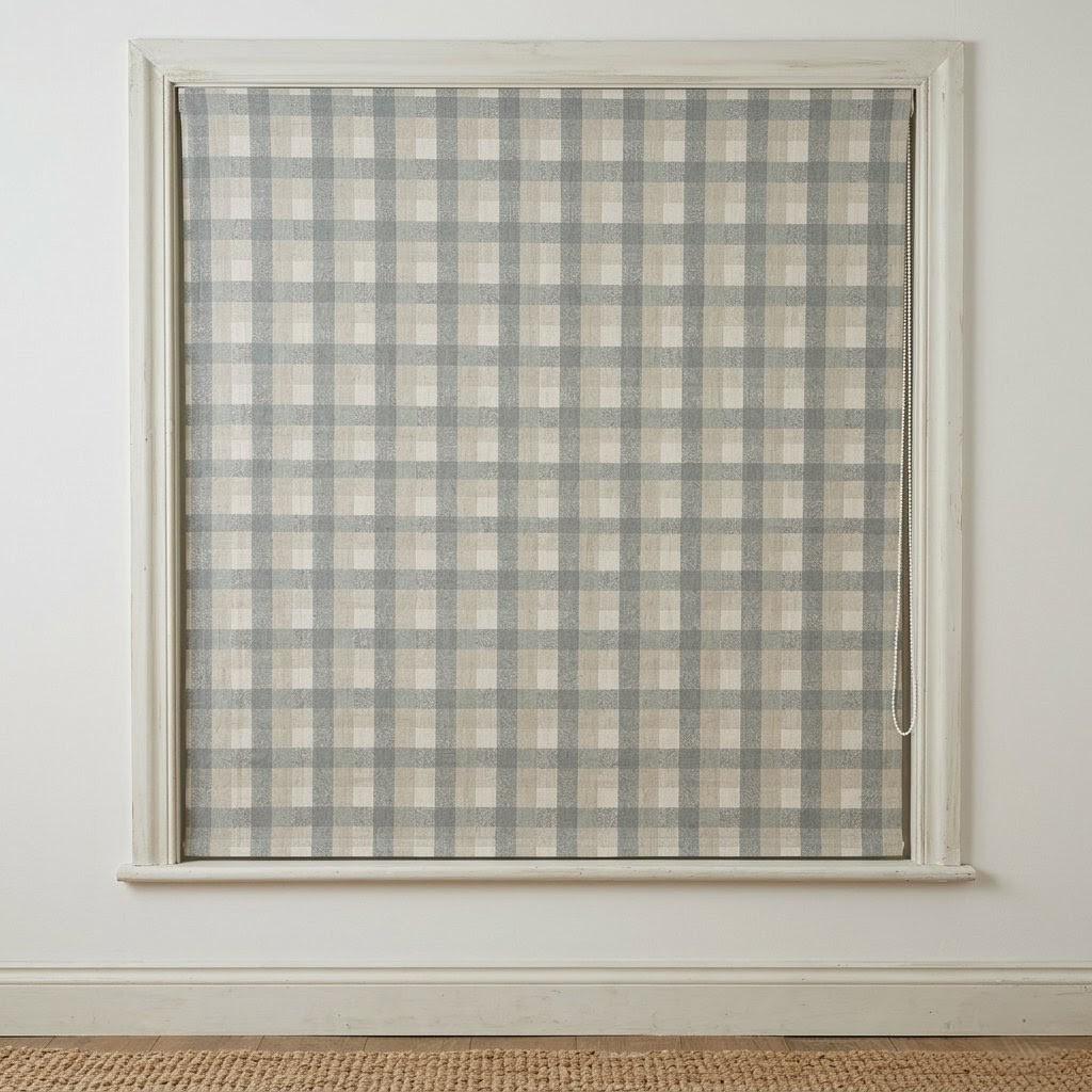 Custom Plaid Linen Roman Shades, Farmhouse Window Treatments (Blackout/Light Filtering) — image 3