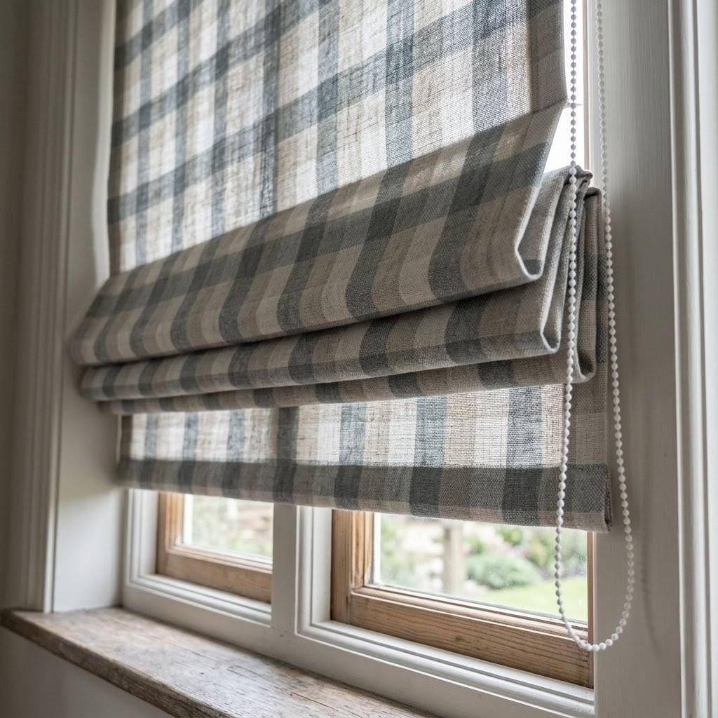 Custom Plaid Linen Roman Shades, Farmhouse Window Treatments (Blackout/Light Filtering) — image 10