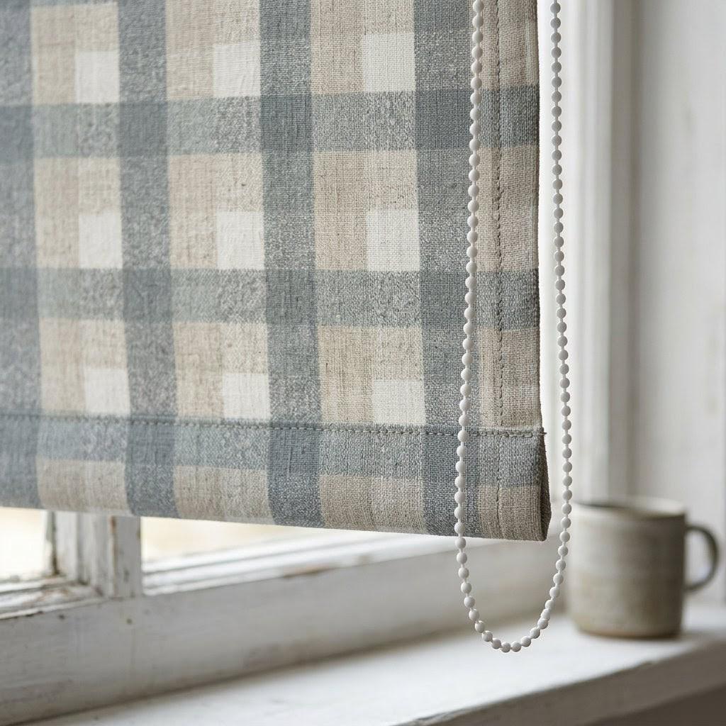 Custom Plaid Linen Roman Shades, Farmhouse Window Treatments (Blackout/Light Filtering) — image 2