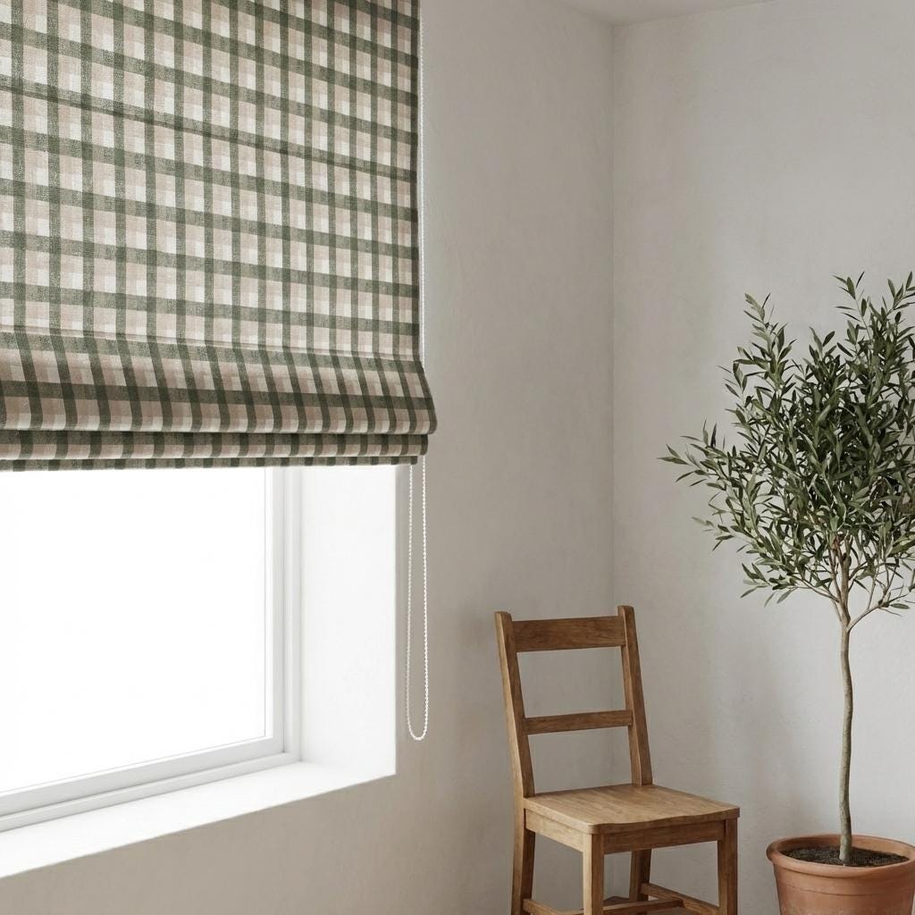 Custom Plaid Linen Roman Shades, Sage Green Beige Farmhouse (Light Filtering or Blackout) — image 5