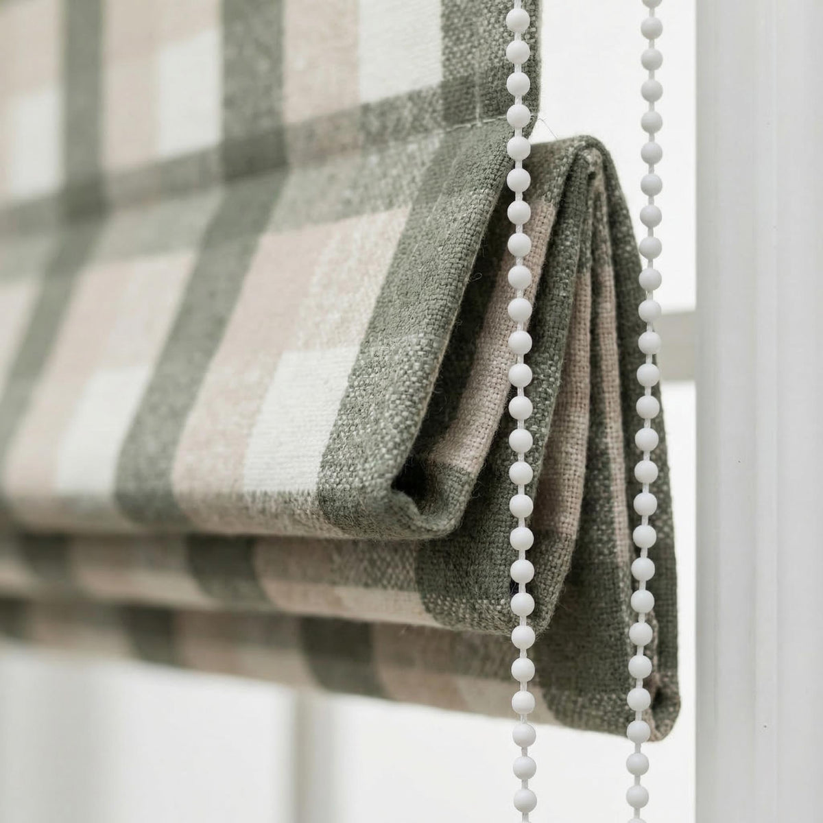 Custom Plaid Linen Roman Shades, Sage Green Beige Farmhouse (Light Filtering or Blackout) — image 2