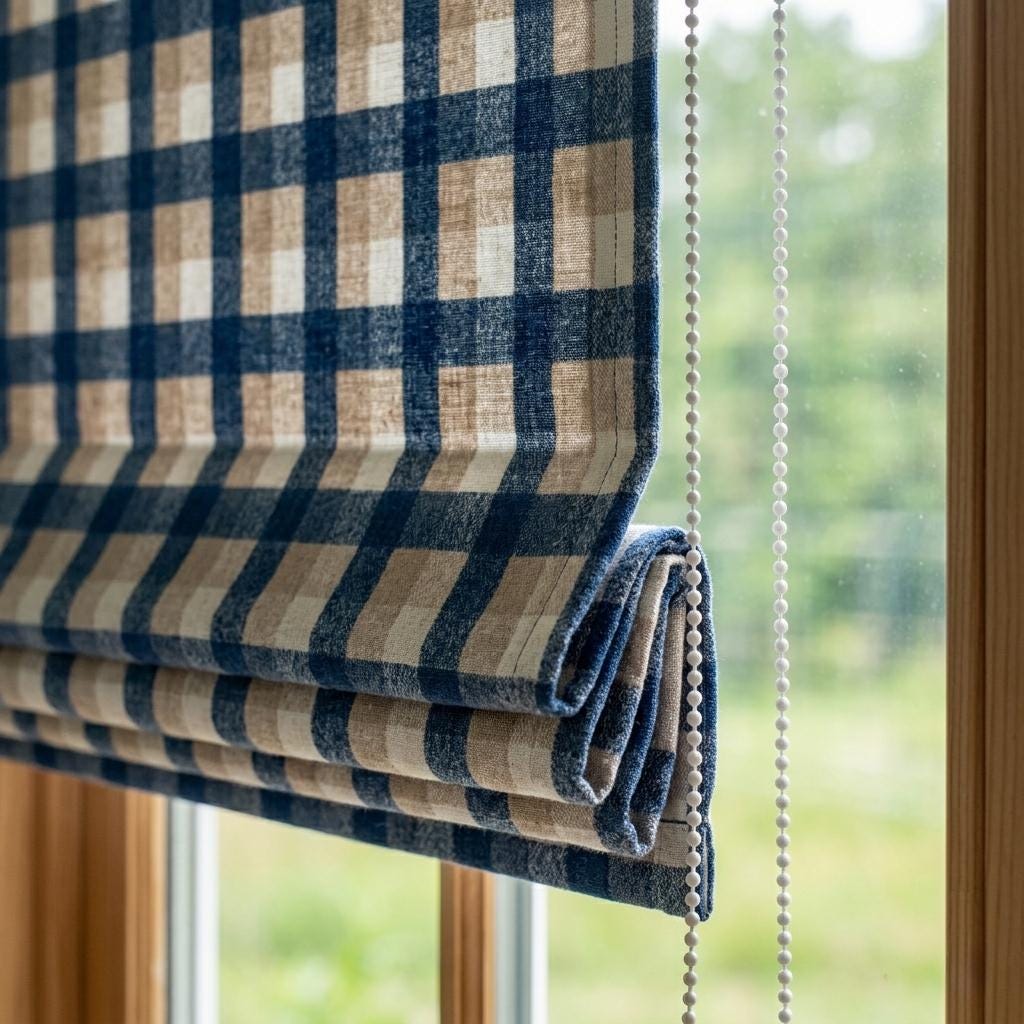 Custom Plaid Linen Roman Shades, Navy Beige Farmhouse Window Treatments (Blackout/Light Filtering) — image 4
