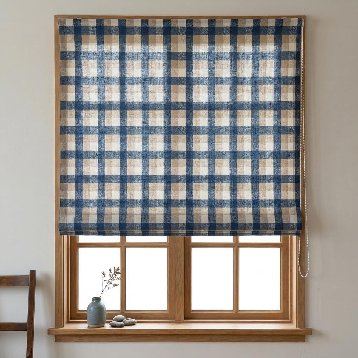 Custom Plaid Linen Roman Shades, Navy Beige Farmhouse Window Treatments (Blackout/Light Filtering) — image 9