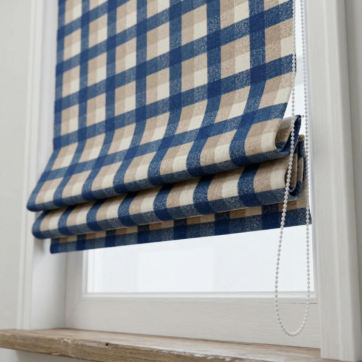 Custom Plaid Linen Roman Shades, Navy Beige Farmhouse Window Treatments (Blackout/Light Filtering) — image 3