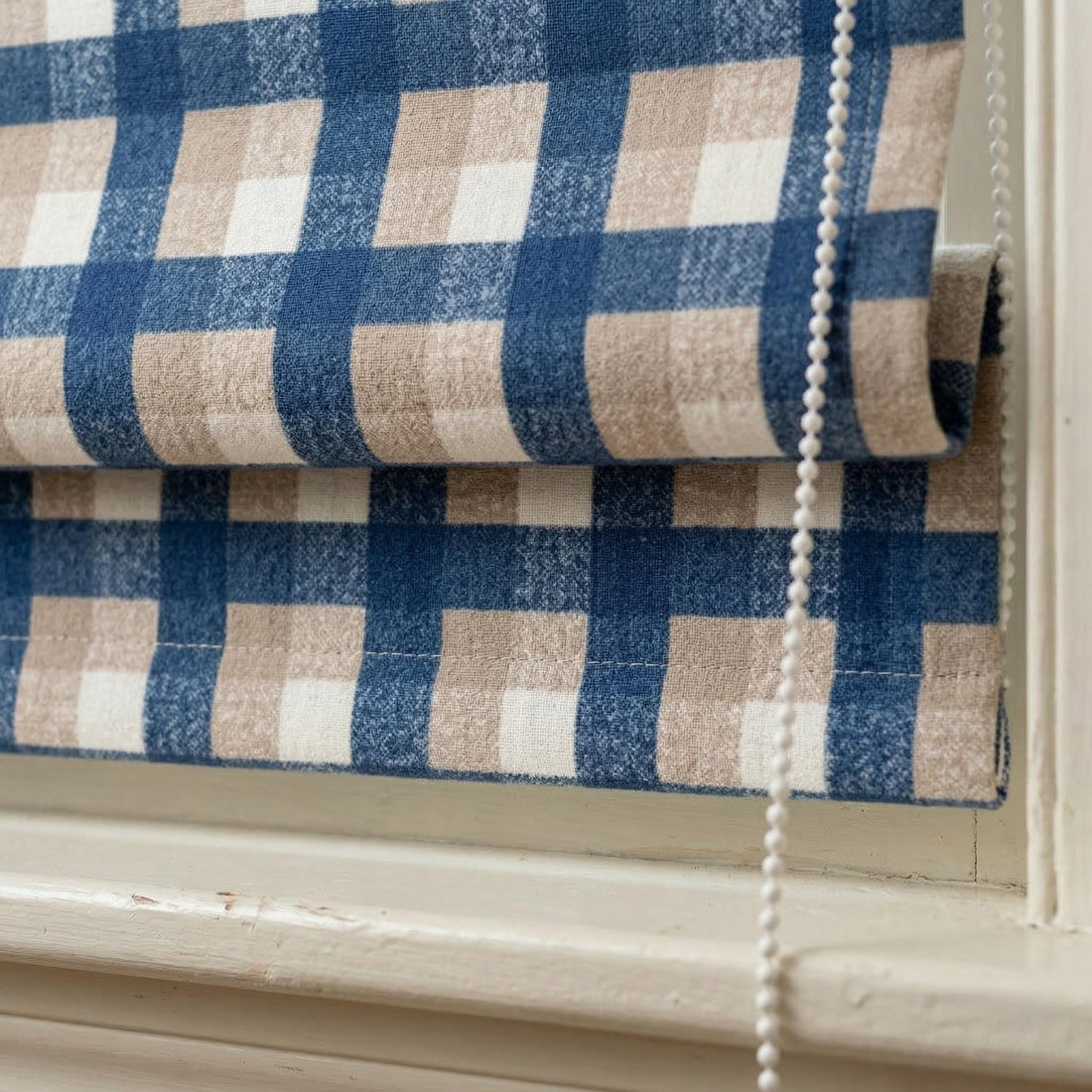 Custom Plaid Linen Roman Shades, Navy Beige Farmhouse Window Treatments (Blackout/Light Filtering) — image 1