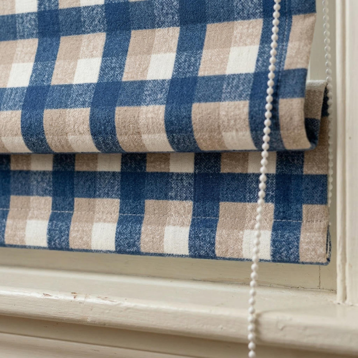 Custom Plaid Linen Roman Shades, Navy Beige Farmhouse Window Treatments (Blackout/Light Filtering) — image 2