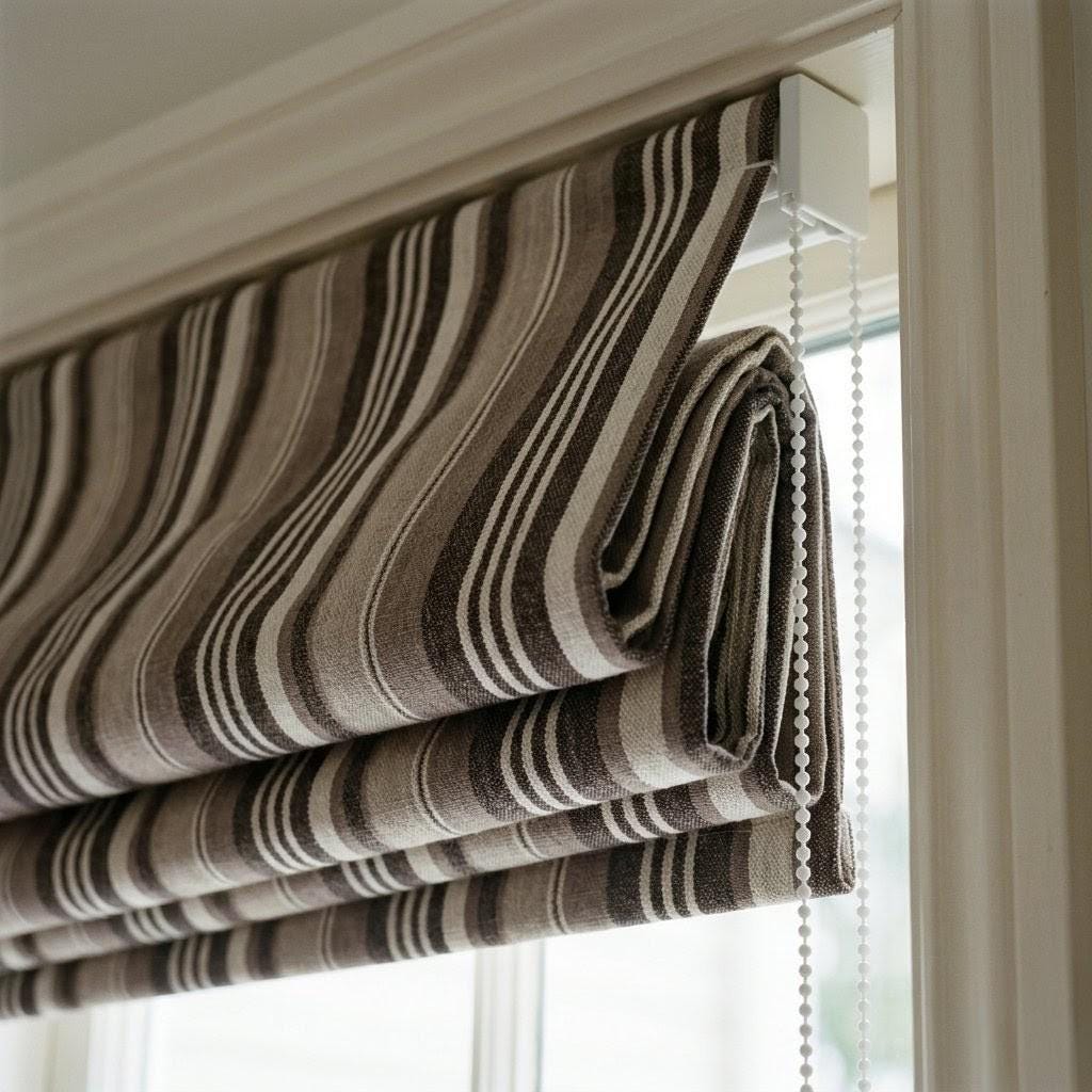 Custom Striped Linen Roman Shades: Beige, Brown Farmhouse Window Blinds (OEKO-TEX) — image 5