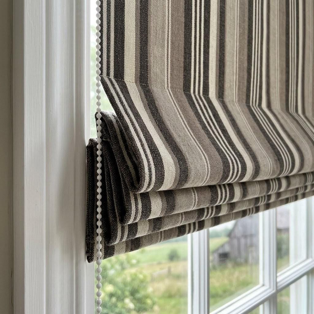 Custom Striped Linen Roman Shades: Beige, Brown Farmhouse Window Blinds (OEKO-TEX) — image 7
