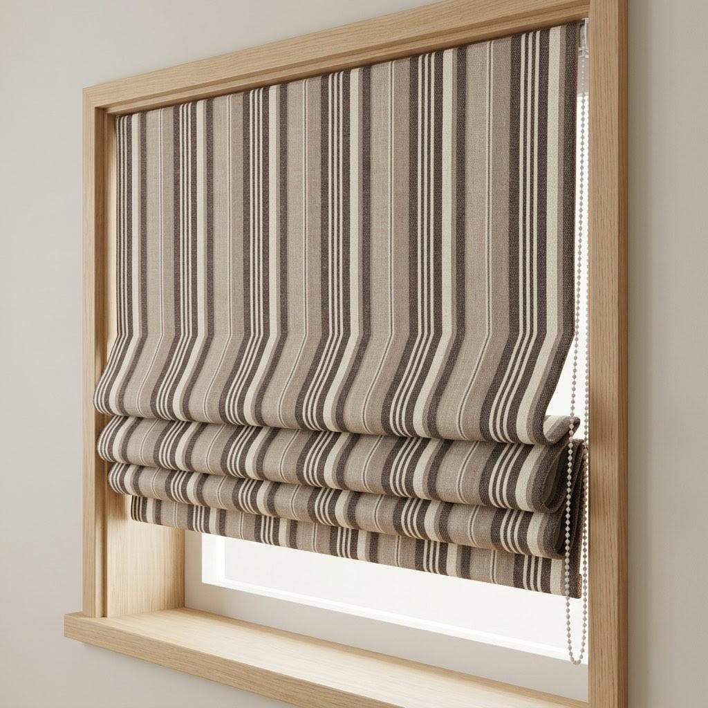 Custom Striped Linen Roman Shades: Beige, Brown Farmhouse Window Blinds (OEKO-TEX) — image 6