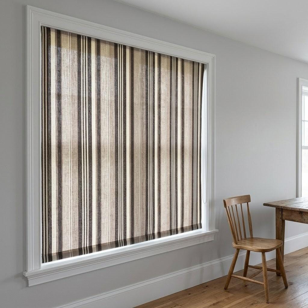 Custom Striped Linen Roman Shades: Beige, Brown Farmhouse Window Blinds (OEKO-TEX) — image 8