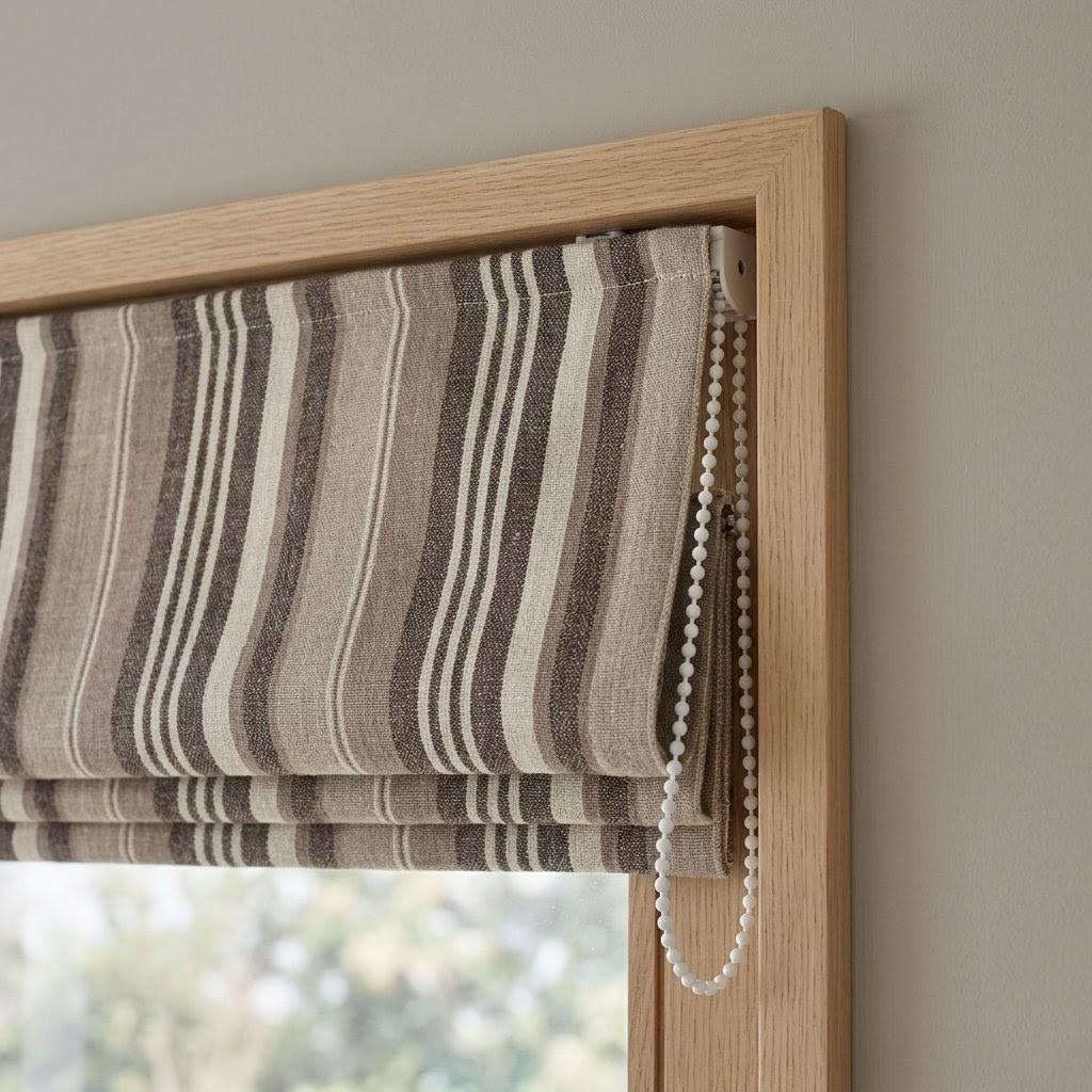 Custom Striped Linen Roman Shades: Beige, Brown Farmhouse Window Blinds (OEKO-TEX) — image 9