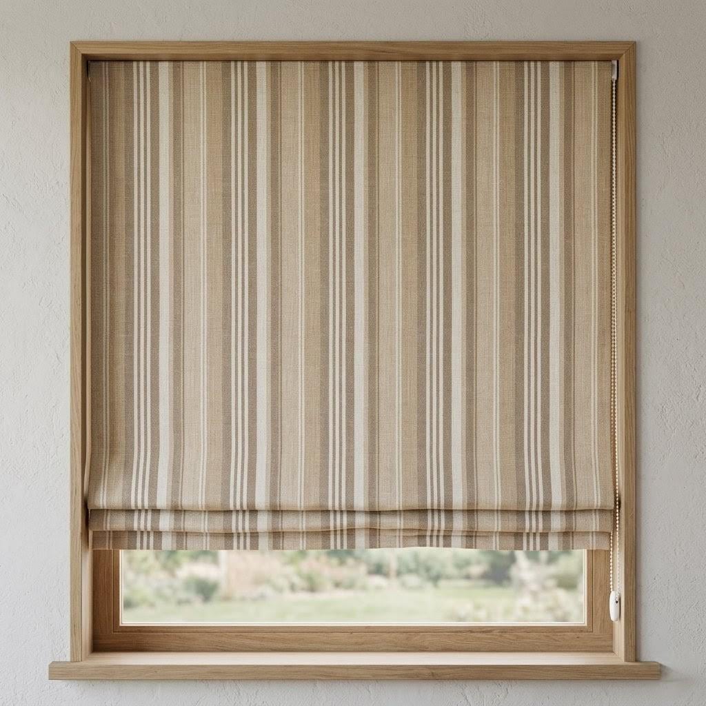 Custom Striped Linen Roman Shades – Farmhouse Light Beige Window Blinds (OEKO-TEX) — image 1