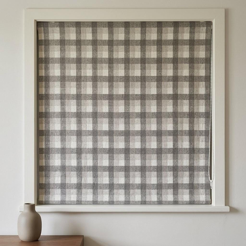 Custom Plaid Linen Roman Shades, Farmhouse Check Window Treatments (Light Filtering or Blackout) — image 4
