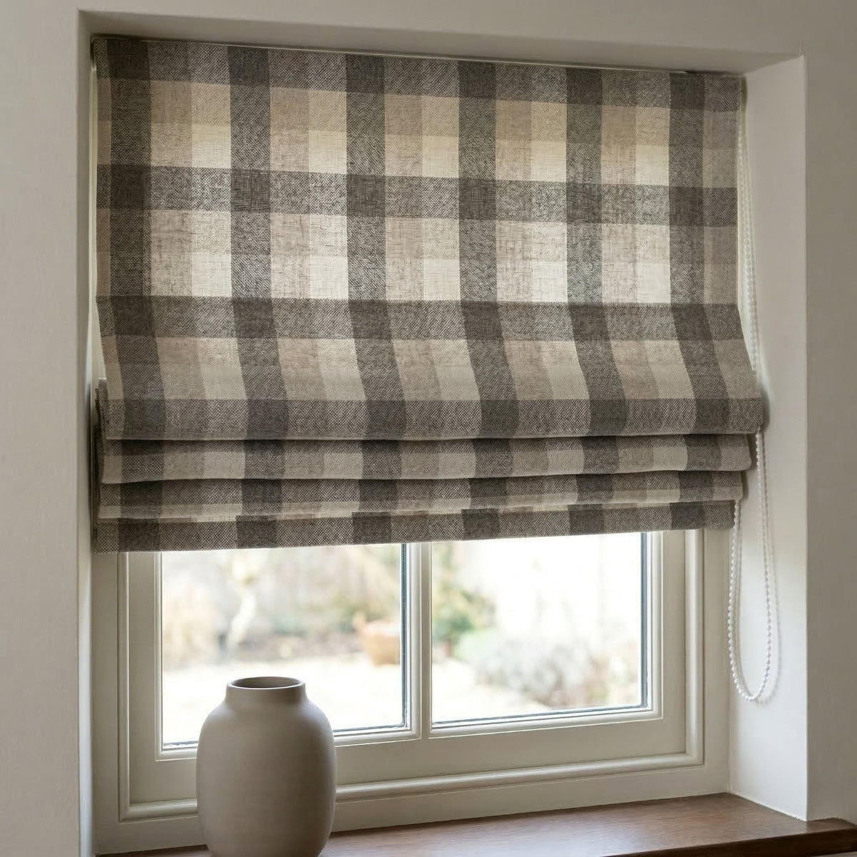 Custom Plaid Linen Roman Shades, Farmhouse Check Window Treatments (Light Filtering or Blackout) — image 8