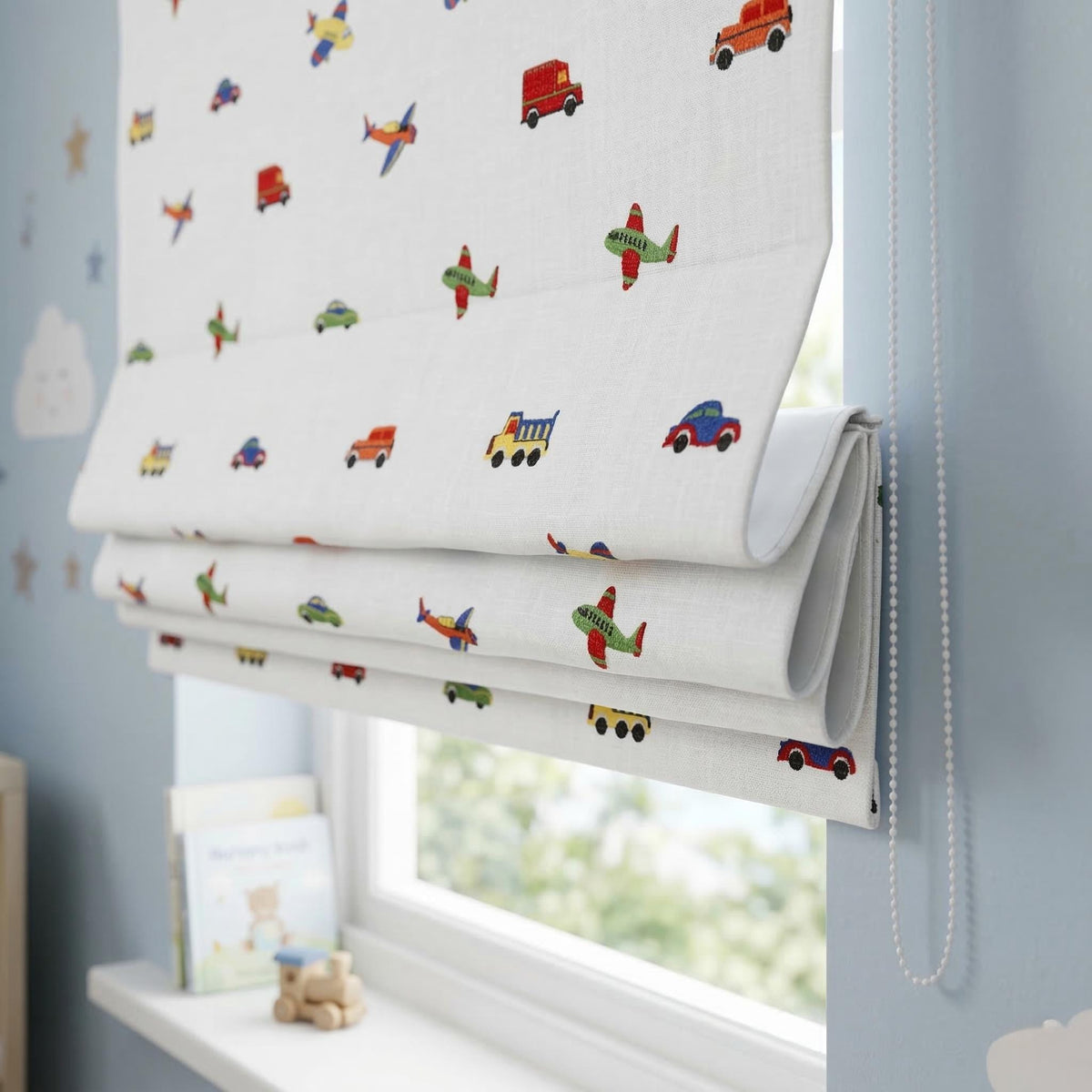 Organic Linen Roman Shade: Embroidered Cars, Planes & Vehicles on White Pure Linen Base — image 8