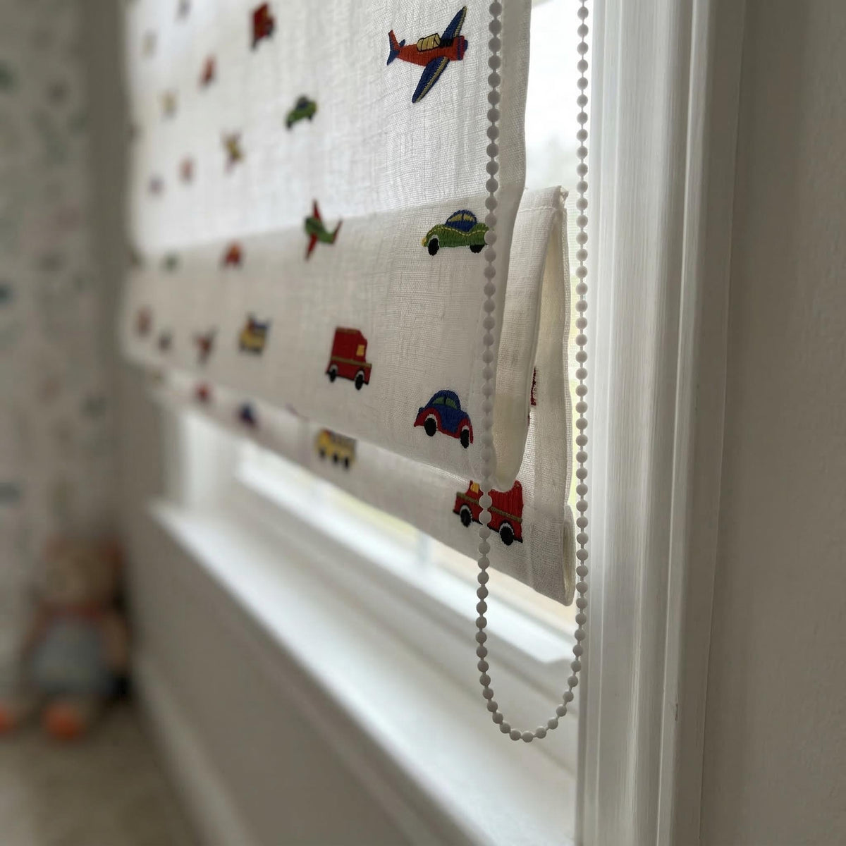 Organic Linen Roman Shade: Embroidered Cars, Planes & Vehicles on White Pure Linen Base — image 9