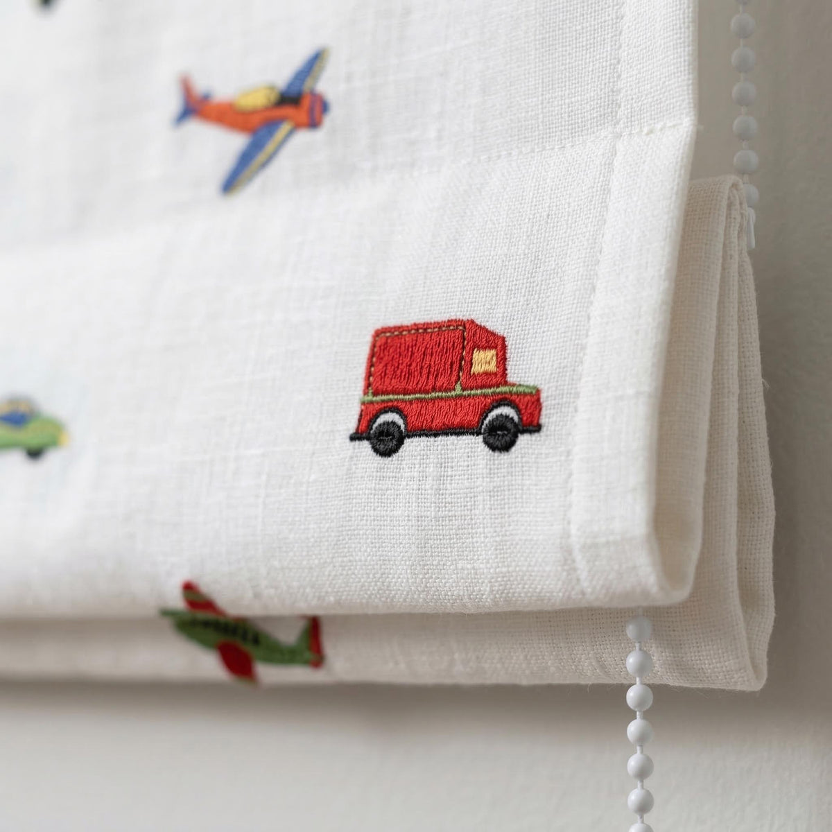 Organic Linen Roman Shade: Embroidered Cars, Planes & Vehicles on White Pure Linen Base — image 6
