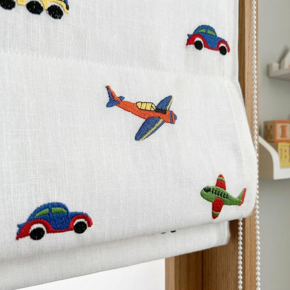 Organic Linen Roman Shade: Embroidered Cars, Planes & Vehicles on White Pure Linen Base — image 1