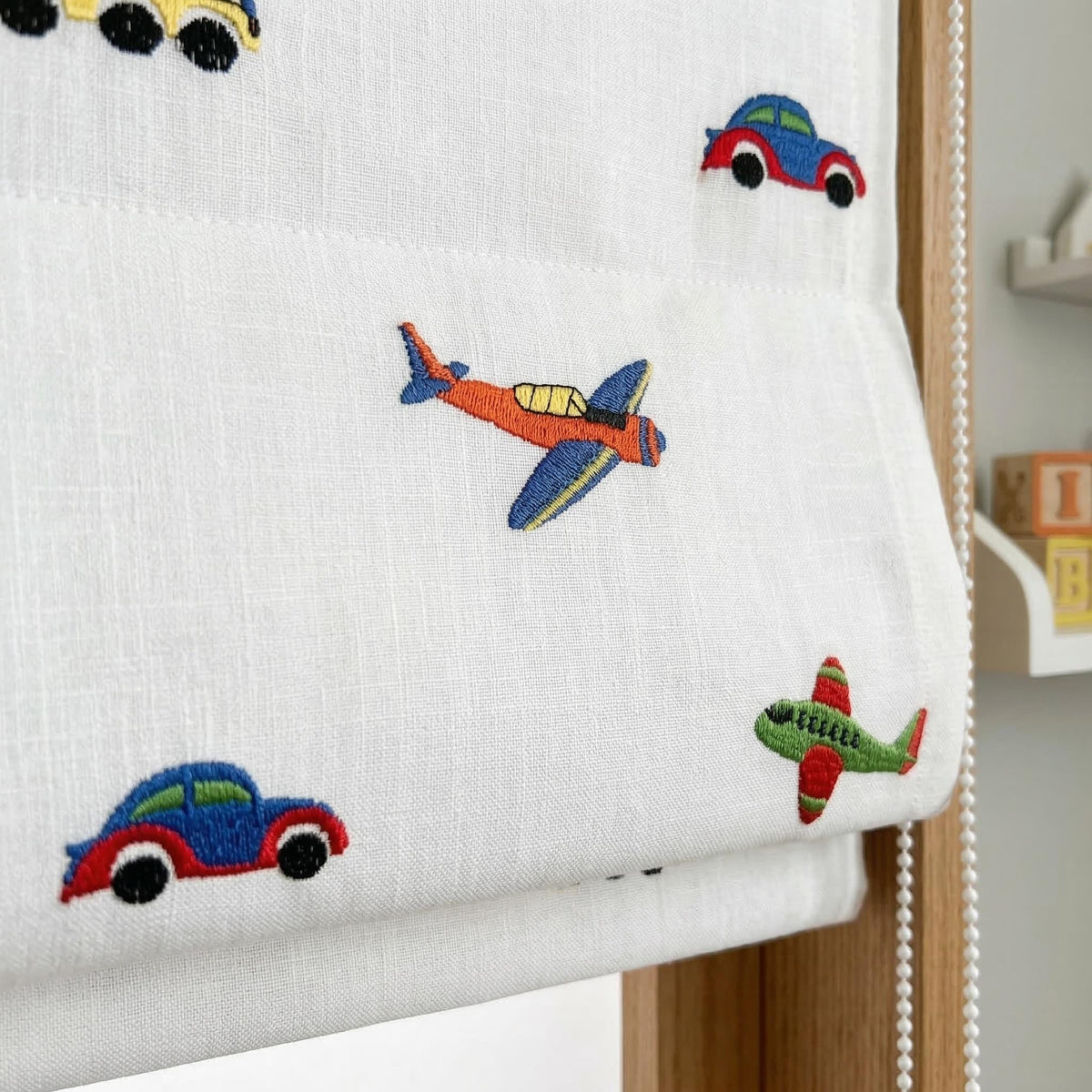 Organic Linen Roman Shade: Embroidered Cars, Planes & Vehicles on White Pure Linen Base — image 1