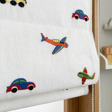 Organic Linen Roman Shade: Embroidered Cars, Planes & Vehicles on White Pure Linen Base — image 1
