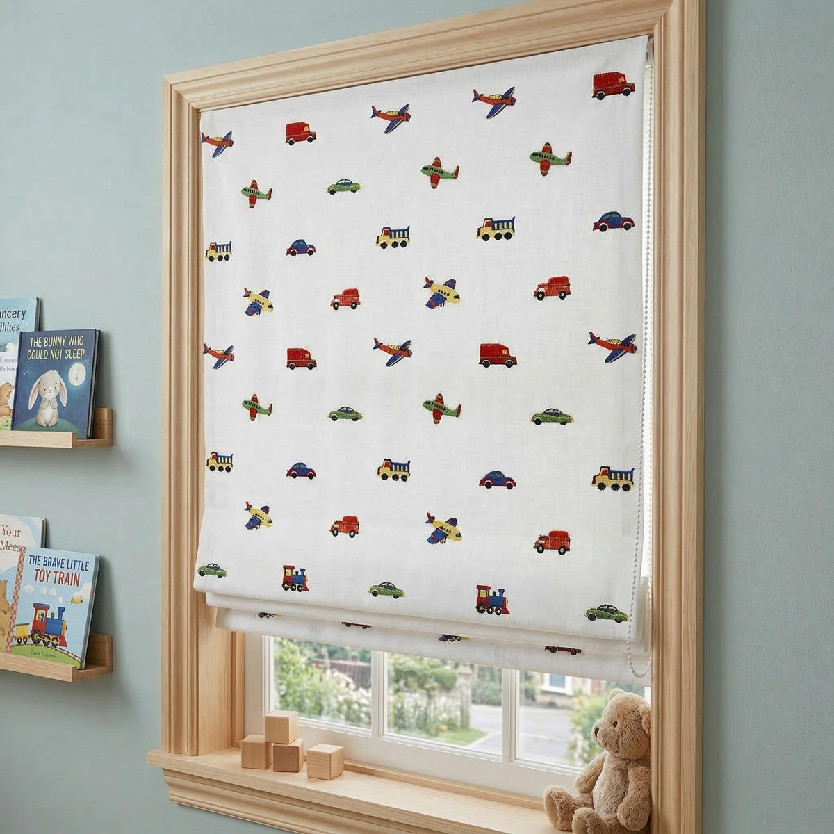 Organic Linen Roman Shade: Embroidered Cars, Planes & Vehicles on White Pure Linen Base — image 3