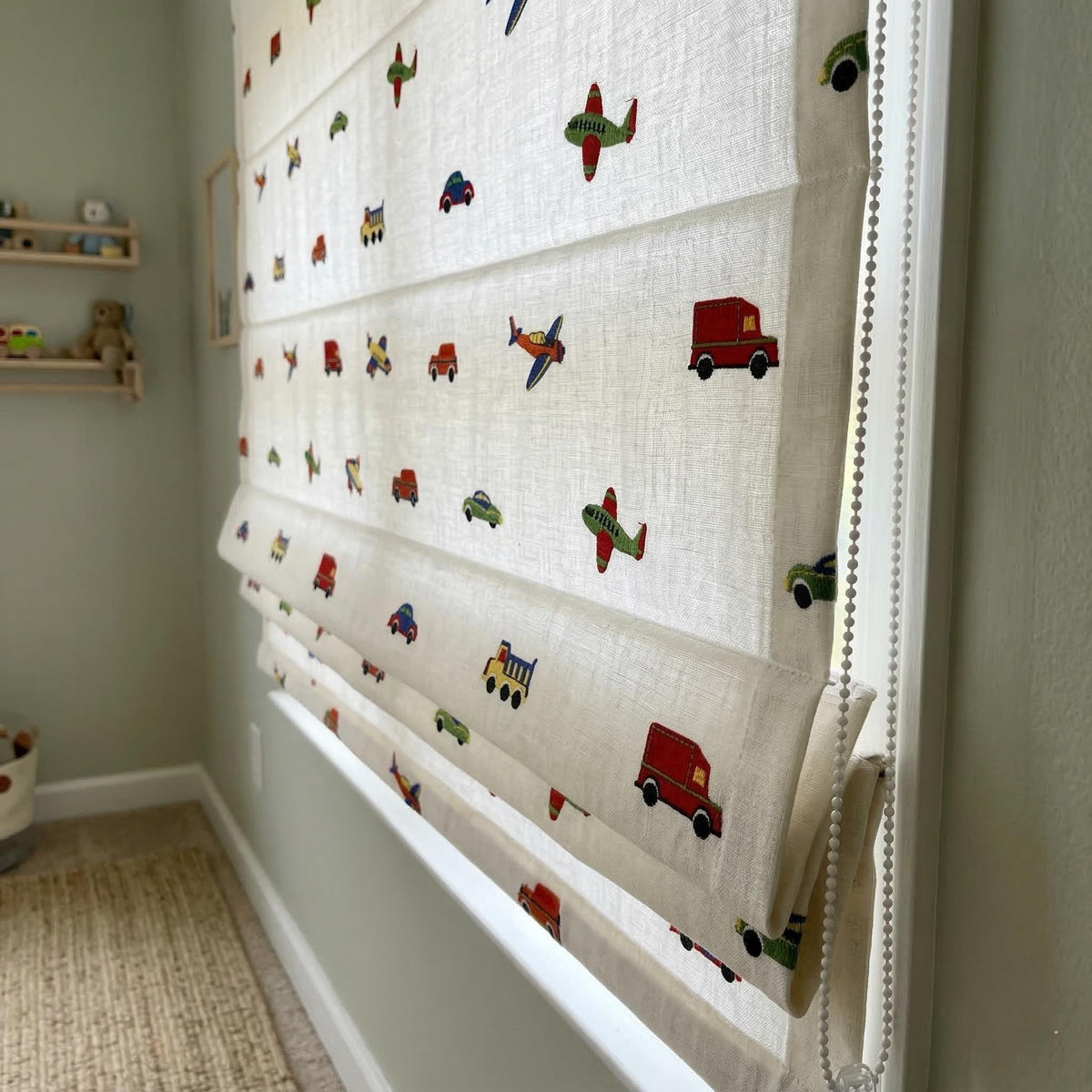 Organic Linen Roman Shade: Embroidered Cars, Planes & Vehicles on White Pure Linen Base — image 5