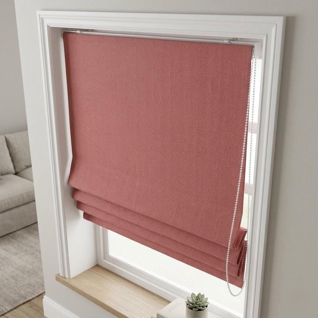 Custom Dusty Rose Herringbone Linen Roman Shades (Blackout/Light Filtering) — image 2