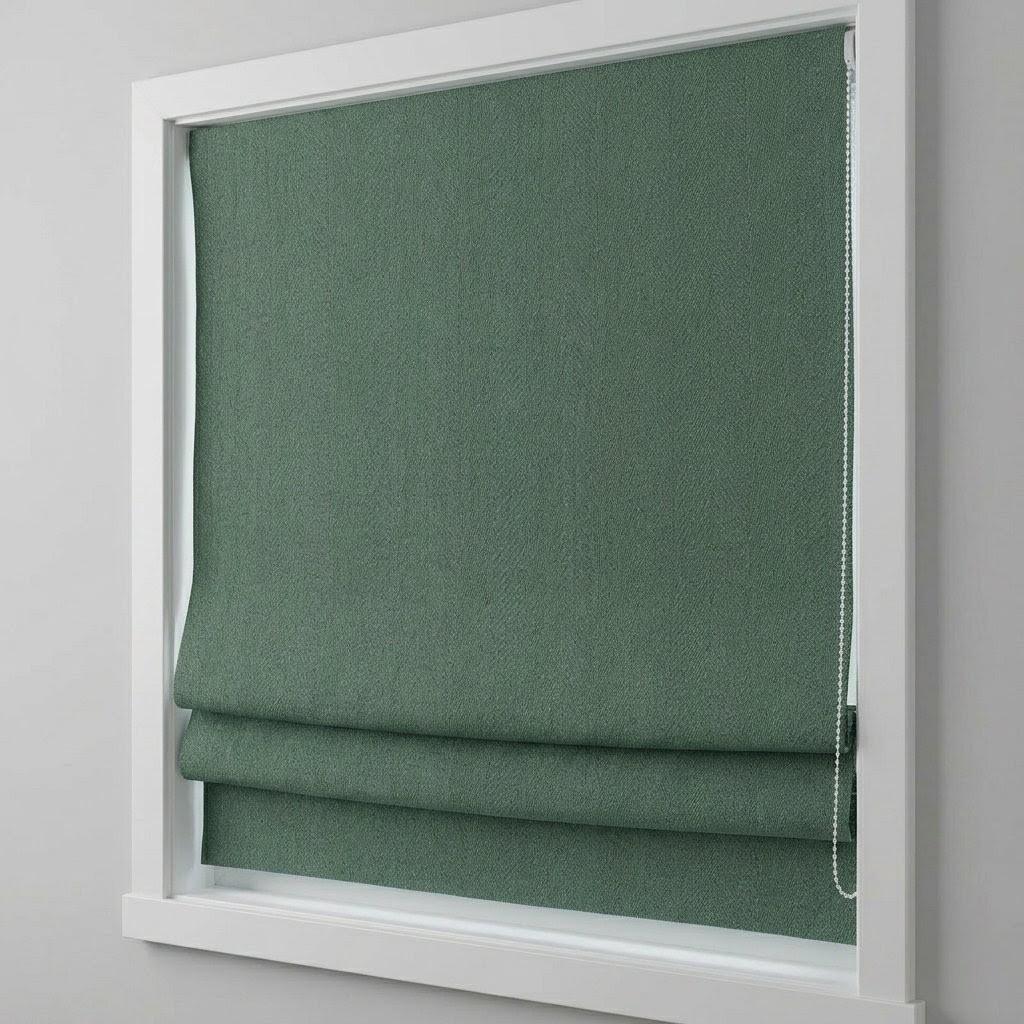 Custom Green Linen Roman Shades: Herringbone, Blackout or Light Filtering Window Blinds — image 1