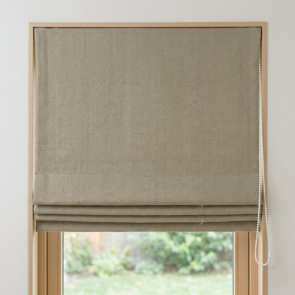Custom Khaki Beige Herringbone Linen Roman Shades (Made to Measure) — image 2