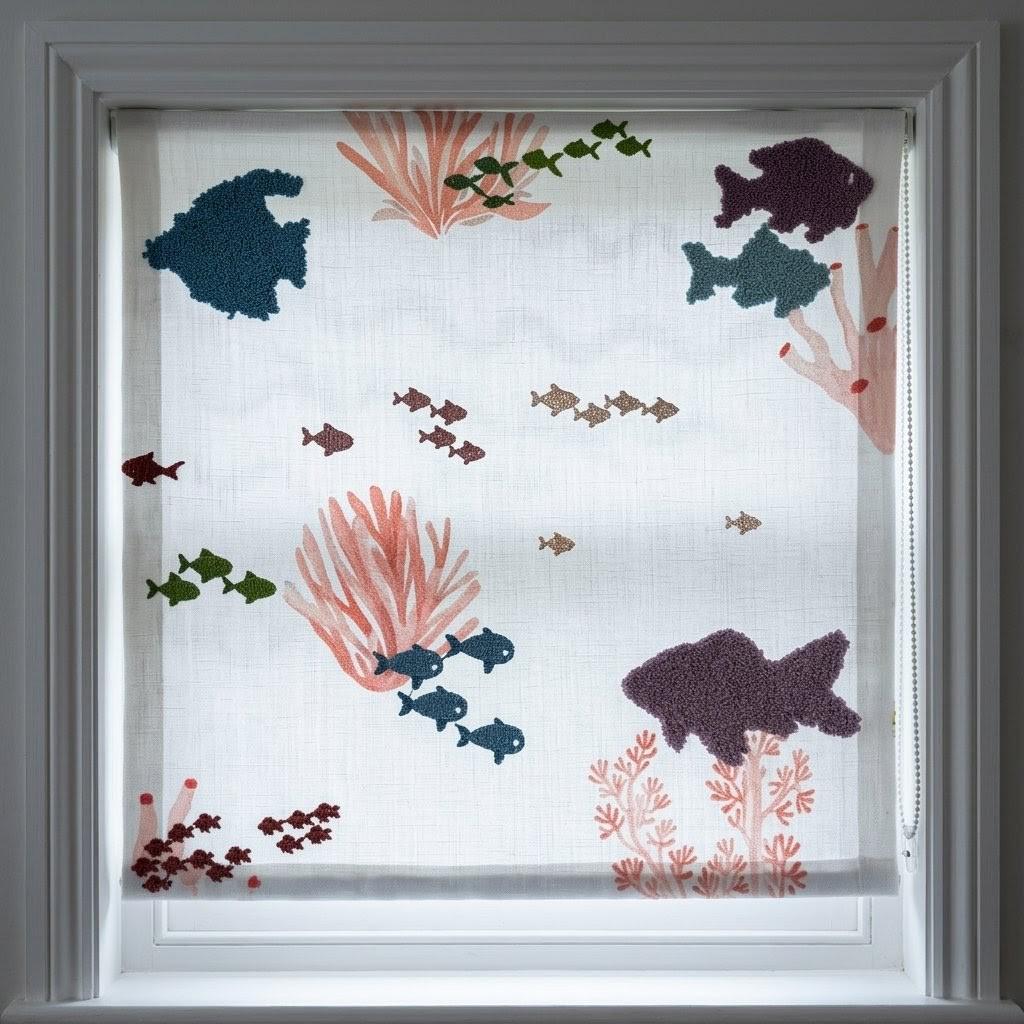 Embroidered Sea Life Roman Blinds, Ocean Nursery Linen Window Shade — image 9