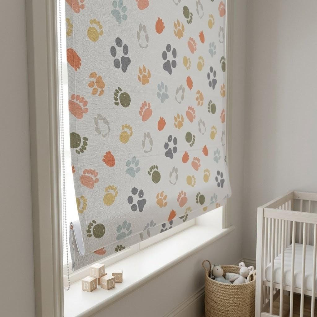 Paw Print Nursery Roman Blinds, Colorful Animal Tracks Linen Window Shade (Blackout Option) — image 5