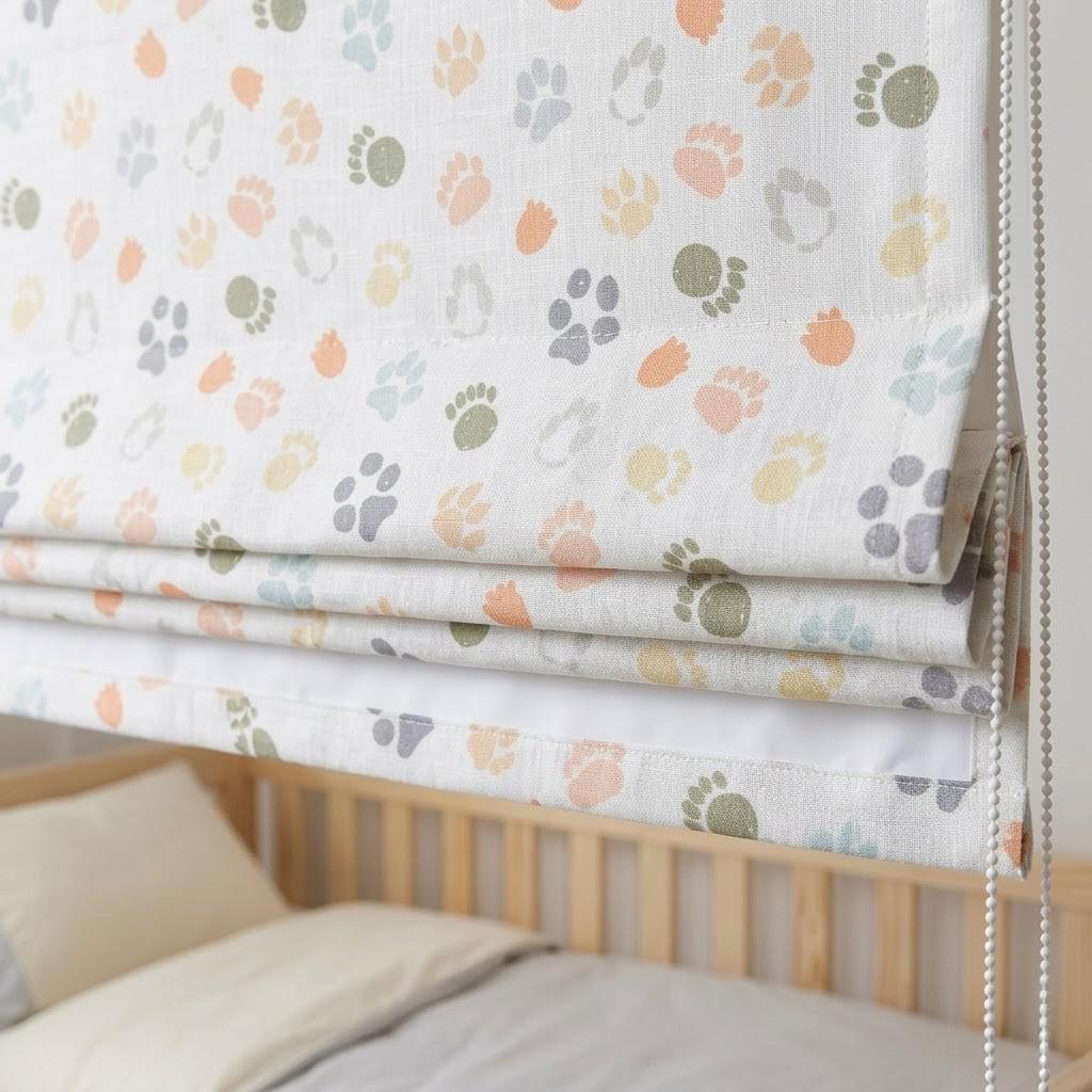 Paw Print Nursery Roman Blinds, Colorful Animal Tracks Linen Window Shade (Blackout Option) — image 7