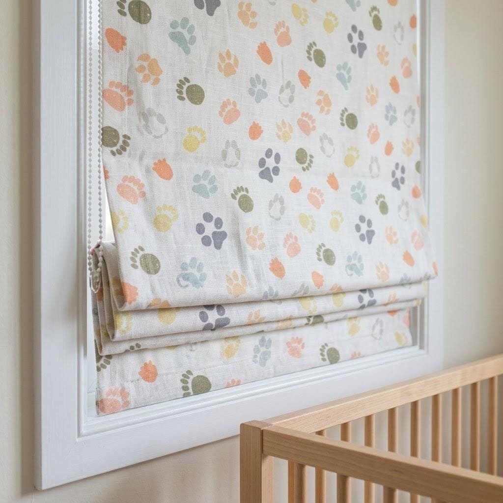 Paw Print Nursery Roman Blinds, Colorful Animal Tracks Linen Window Shade (Blackout Option) — image 4