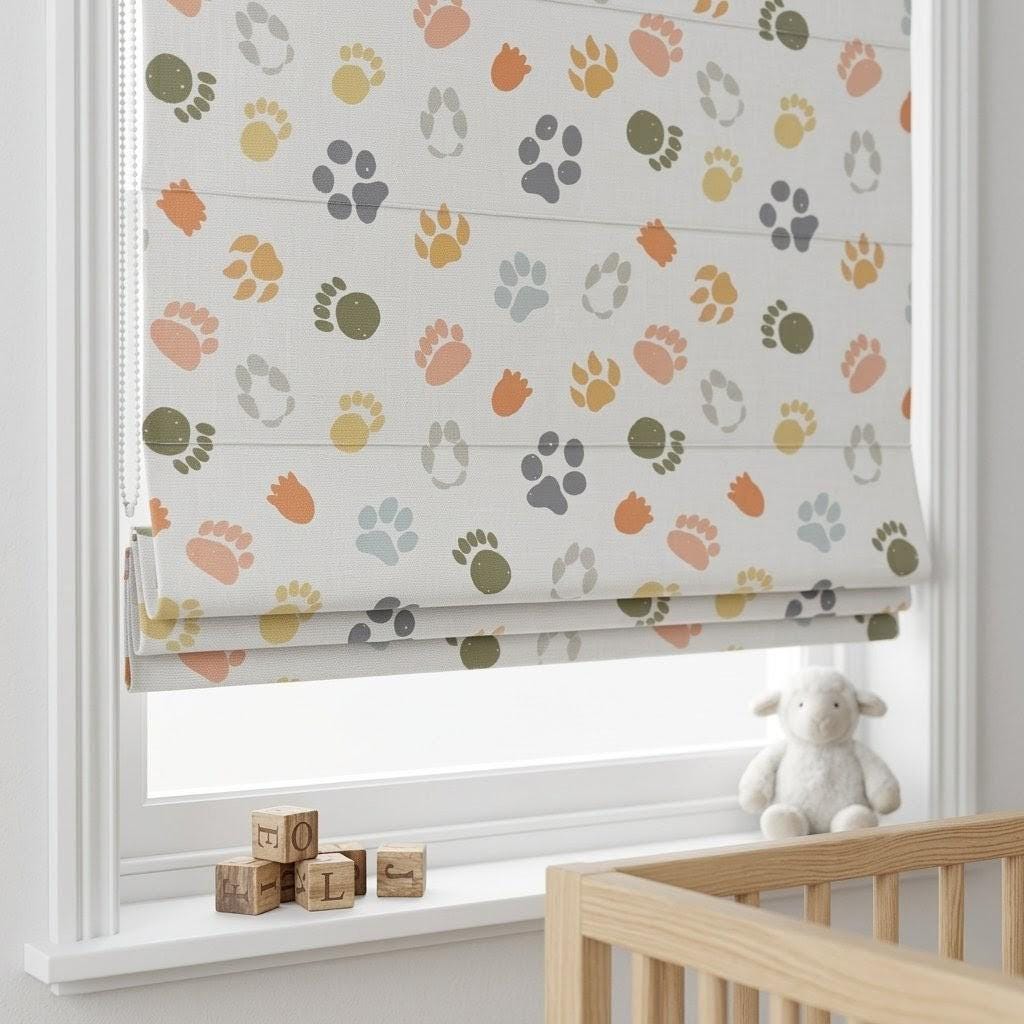 Paw Print Nursery Roman Blinds, Colorful Animal Tracks Linen Window Shade (Blackout Option) — image 2