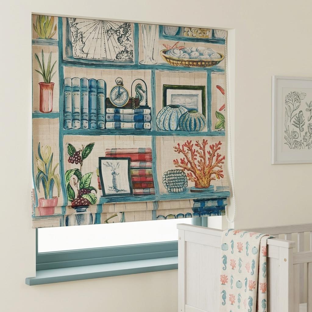 Nautical Bookshelf Roman Blinds, Coastal Nursery Linen Window Shade (Custom Blackout) — image 6