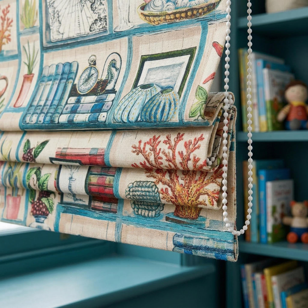 Nautical Bookshelf Roman Blinds, Coastal Nursery Linen Window Shade (Custom Blackout) — image 3