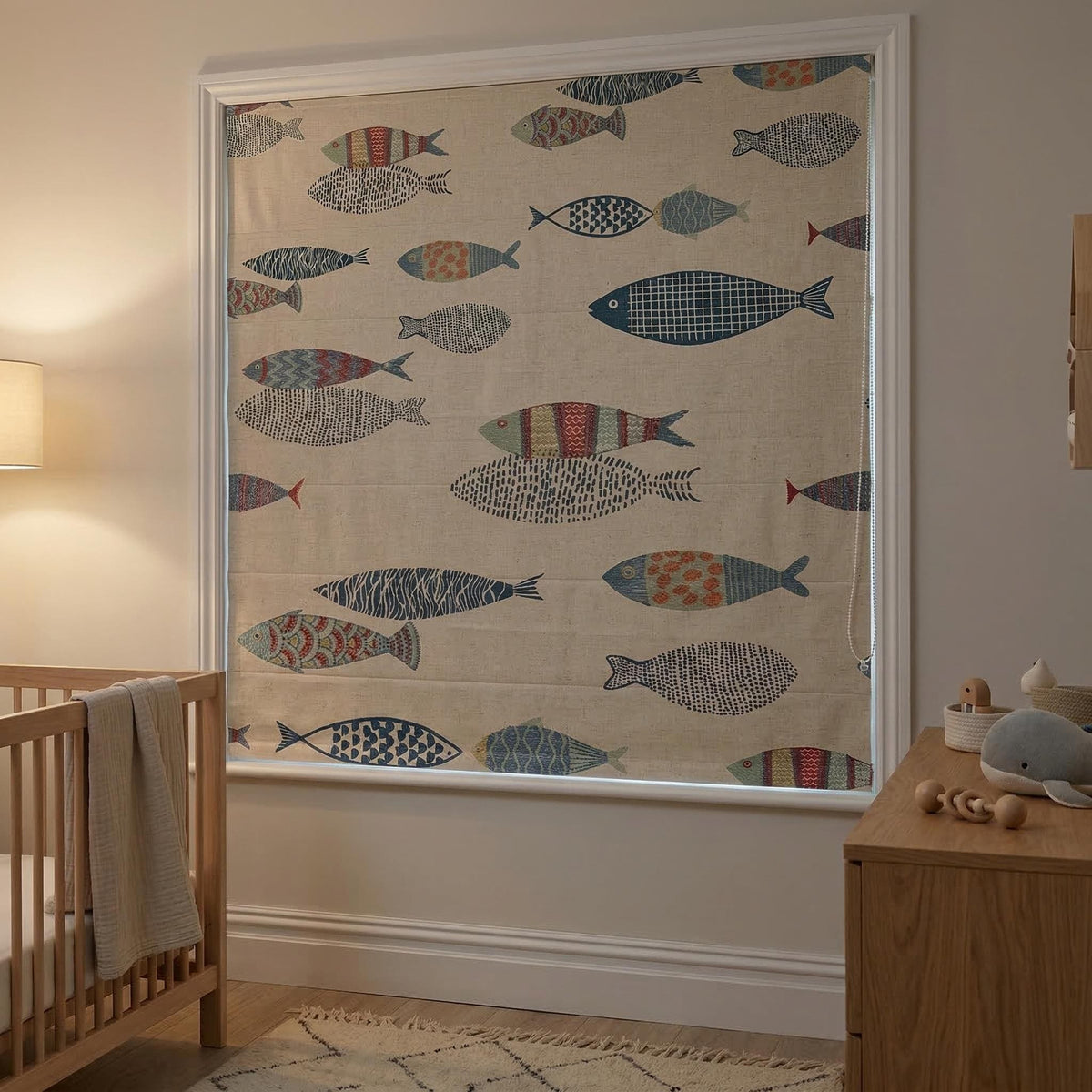 Embroidered Fish Linen Roman Blinds, Nautical Nursery Window Shade, Coastal Kids Room Decor — image 5