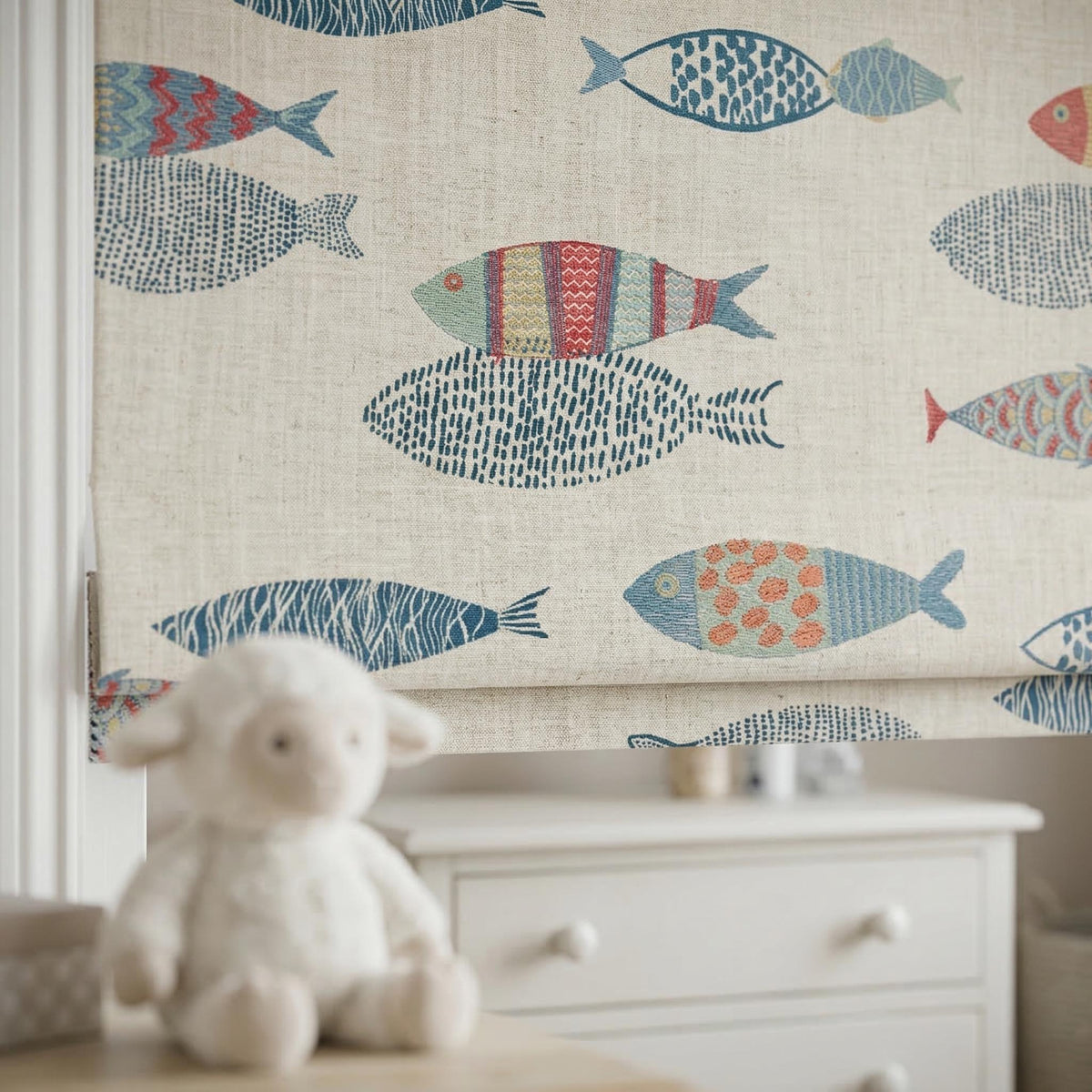 Embroidered Fish Linen Roman Blinds, Nautical Nursery Window Shade, Coastal Kids Room Decor — image 2