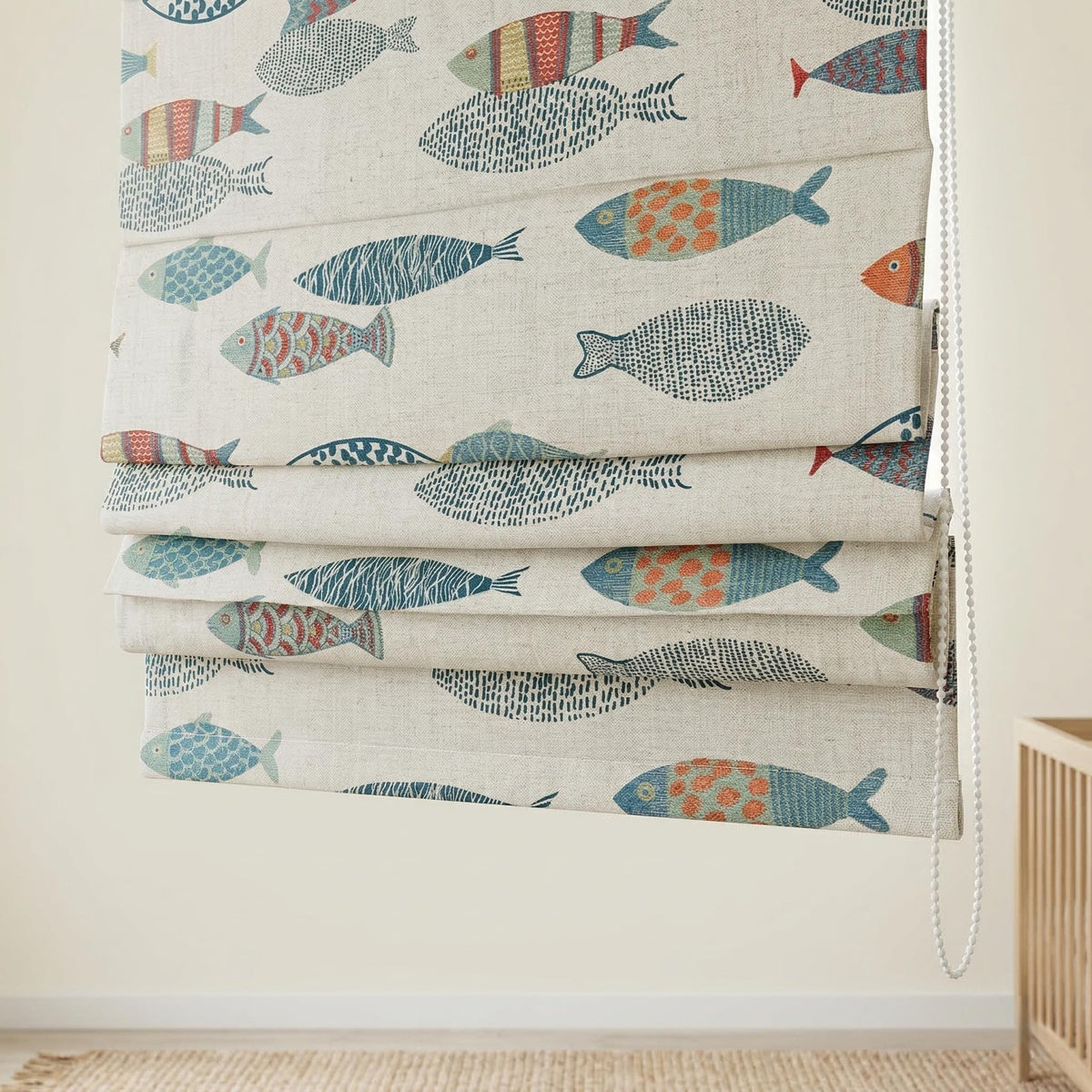 Embroidered Fish Linen Roman Blinds, Nautical Nursery Window Shade, Coastal Kids Room Decor — image 6