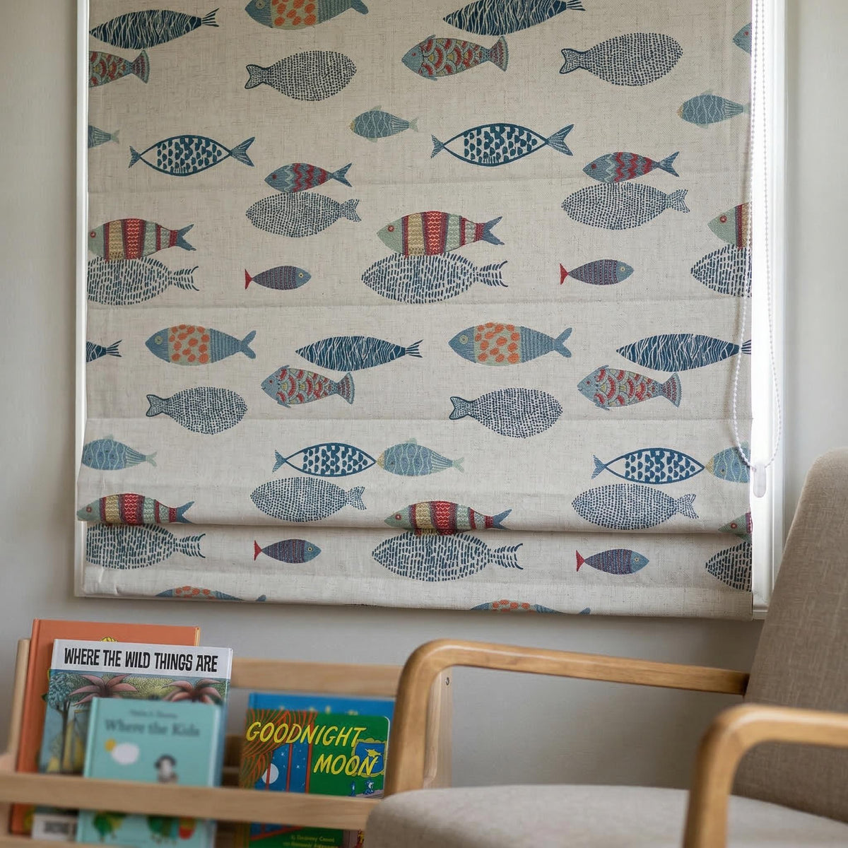 Embroidered Fish Linen Roman Blinds, Nautical Nursery Window Shade, Coastal Kids Room Decor — image 4