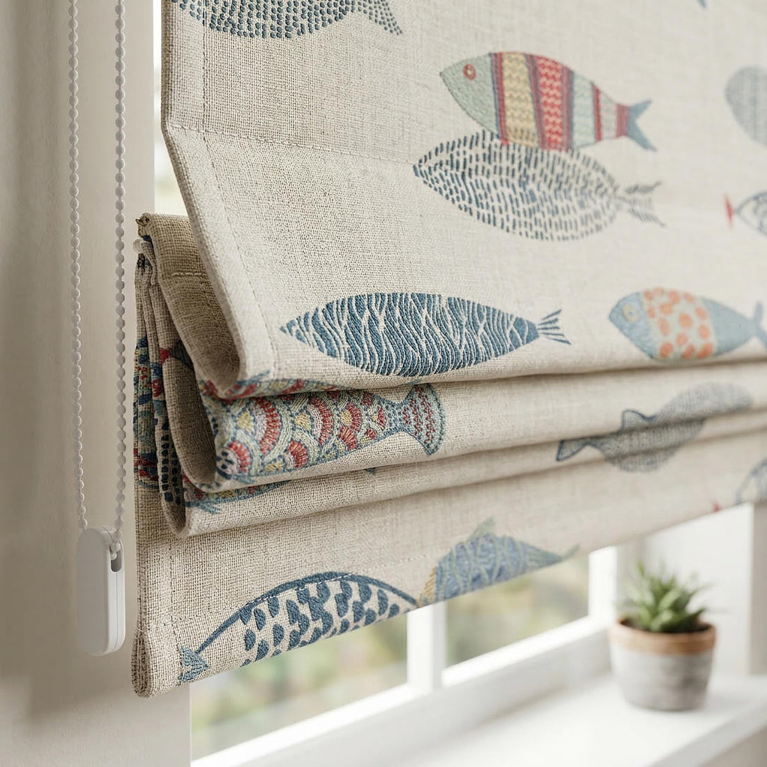 Embroidered Fish Linen Roman Blinds, Nautical Nursery Window Shade, Coastal Kids Room Decor — image 1