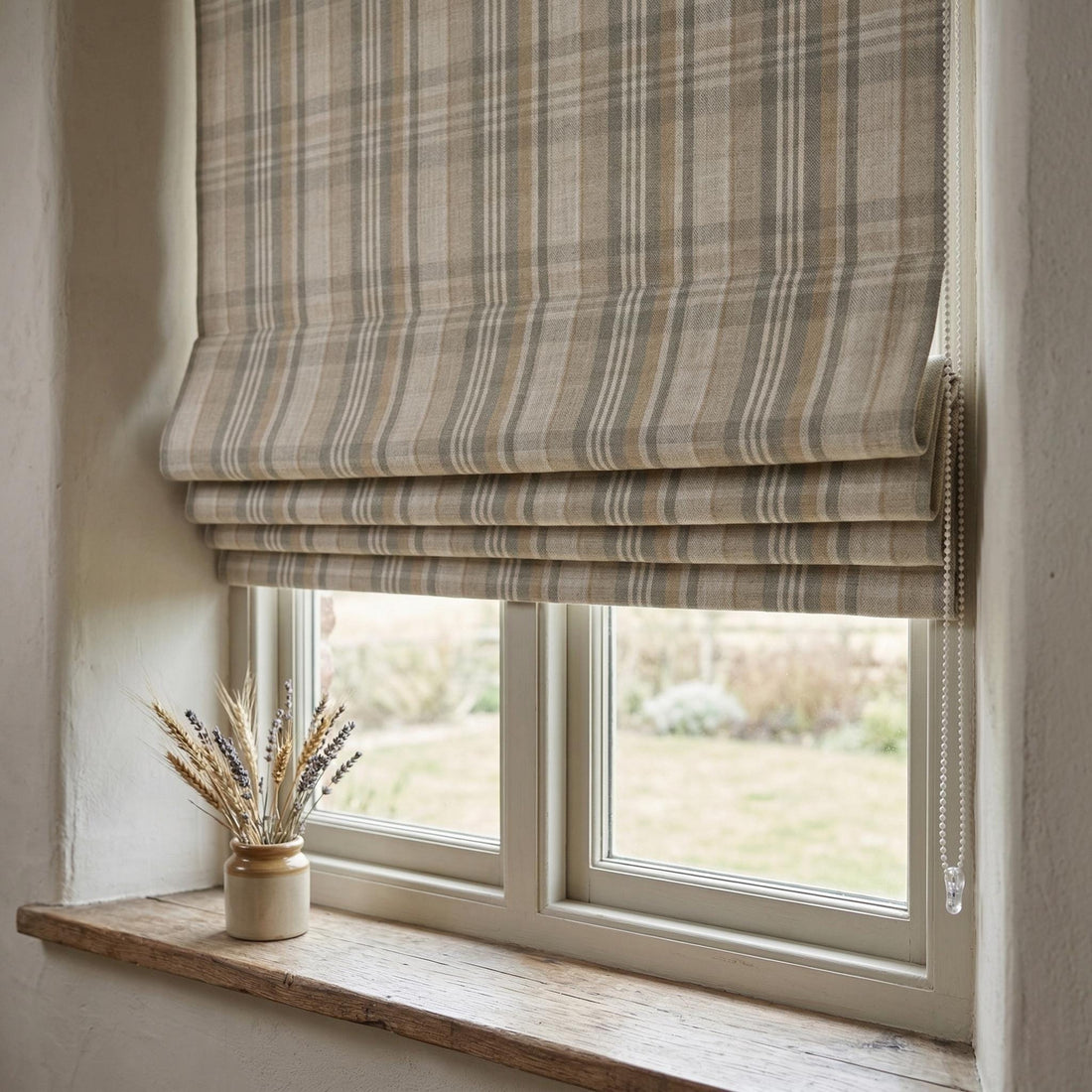 Custom Striped Linen Roman Shades: Beige Sage Green Farmhouse Window Blinds (Light Filtering/Blackout) — image 1
