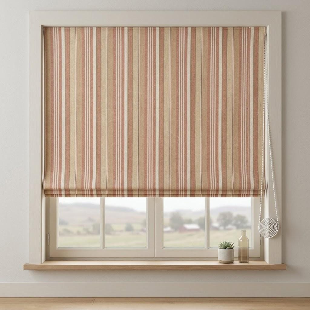 Custom Linen Roman Blinds: Rust Beige Farmhouse Stripe Window Treatments (Blackout/Light Filtering) — image 3