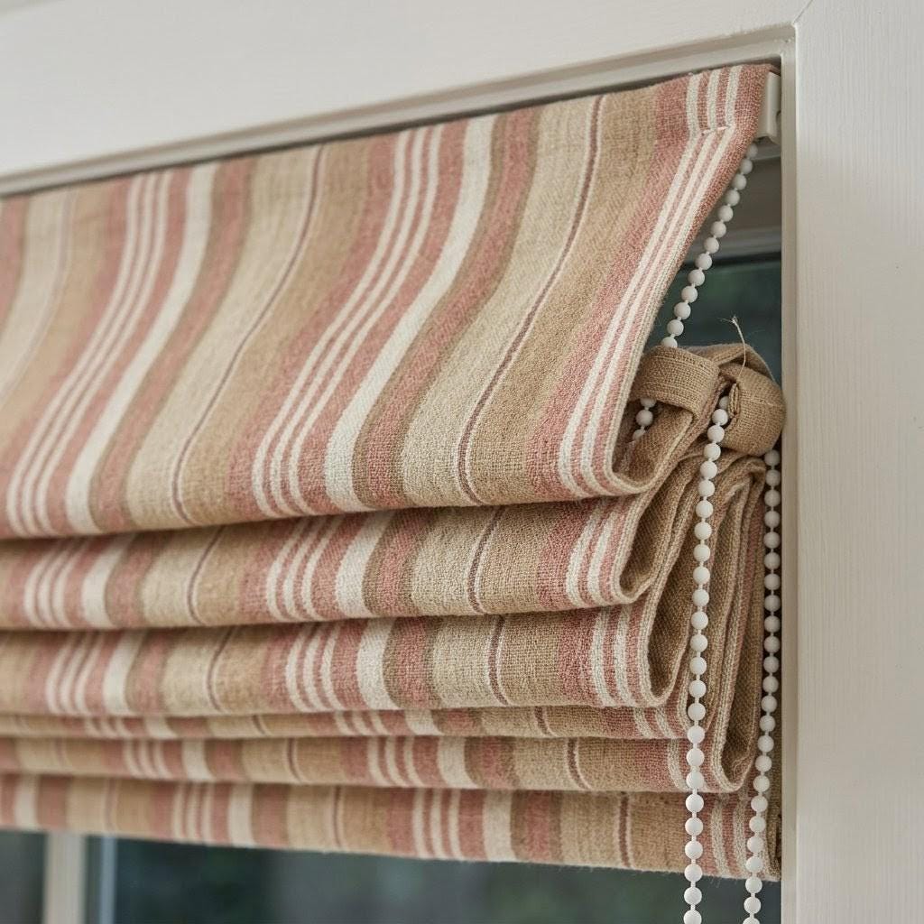 Custom Linen Roman Blinds: Rust Beige Farmhouse Stripe Window Treatments (Blackout/Light Filtering) — image 8