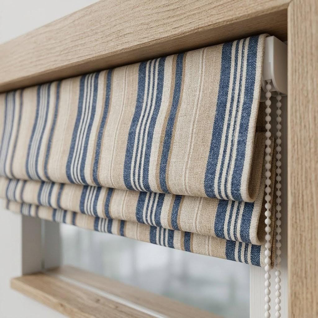 Custom Navy Beige Farmhouse Stripe Linen Roman Blinds (Blackout/Light Filtering) — image 1
