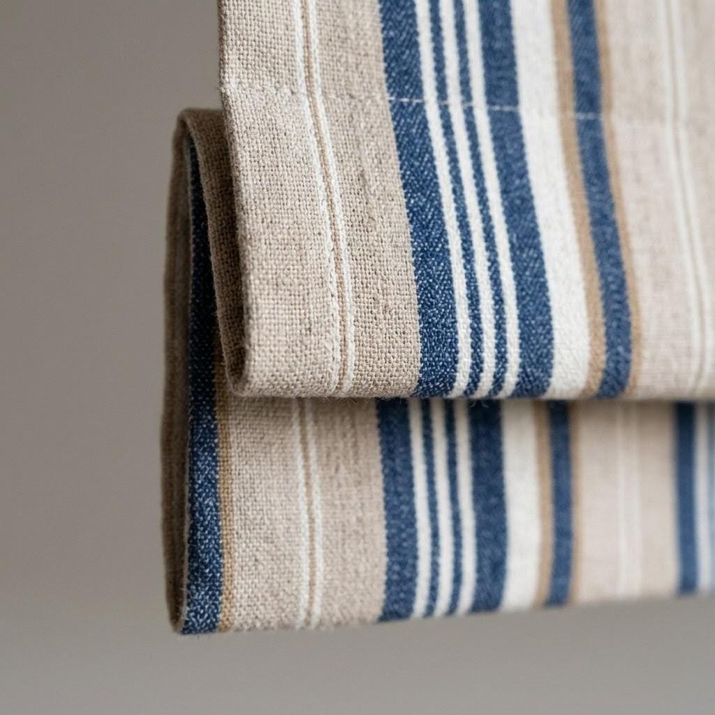 Custom Navy Beige Farmhouse Stripe Linen Roman Blinds (Blackout/Light Filtering) — image 1