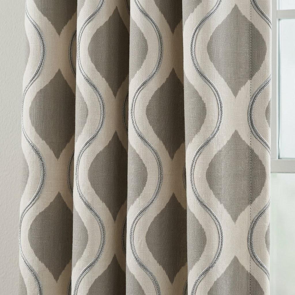 Taupe Grey Embroidered Ogee Linen Curtains, Custom Geometric Trellis Drapes (Blackout Lined) — image 2