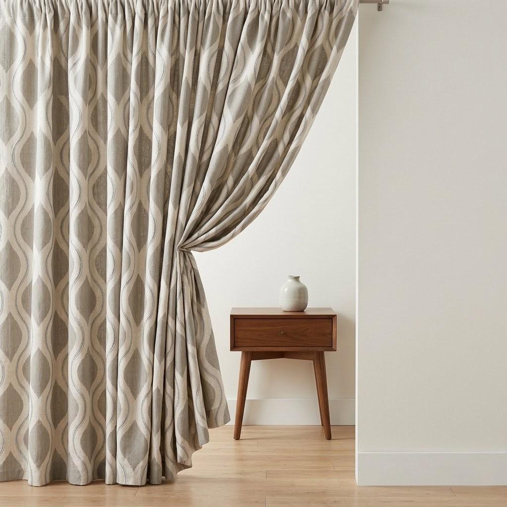 Taupe Grey Embroidered Ogee Linen Curtains, Custom Geometric Trellis Drapes (Blackout Lined) — image 7